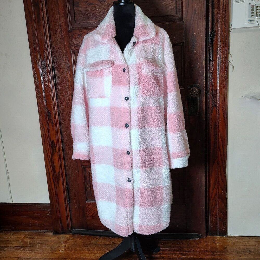 Pink & White Gingham Teddy Fleece Jacket Wmns Size Large